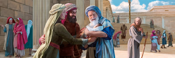 Maryam lan Yusuf ing bait, Yésus sing isih bayi digéndhong karo Siméon, lan nabiah Hana ndeloki