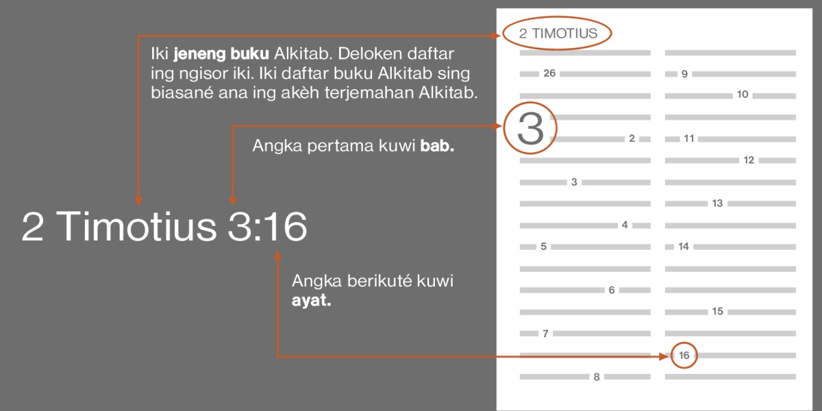Carané nggolèki ayat Alkitab, misalé 2 Timotius 3:16. Loro Timotius kuwi jeneng bukuné (deloken daftar ing ngisor iki). Angka sing disebutké bar kuwi maksudé nomer bab, misalé bab 3. Angka sing disebutké selanjuté kuwi maksudé nomer ayat, misalé ayat 16.