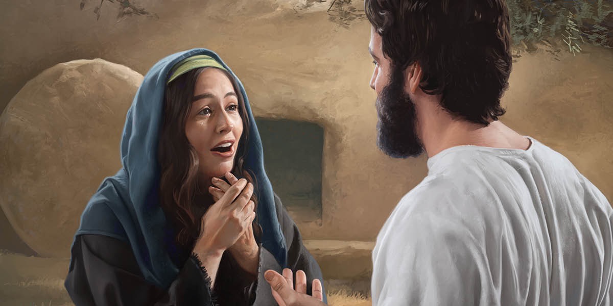 Maria Magdaléna ndelok Yésus wis dibangkitké ing ngarep kuburan sing wis kosong.