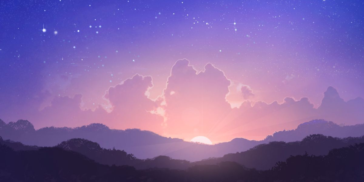 Langit sing kebak bintang lan matahari ing cakrawala