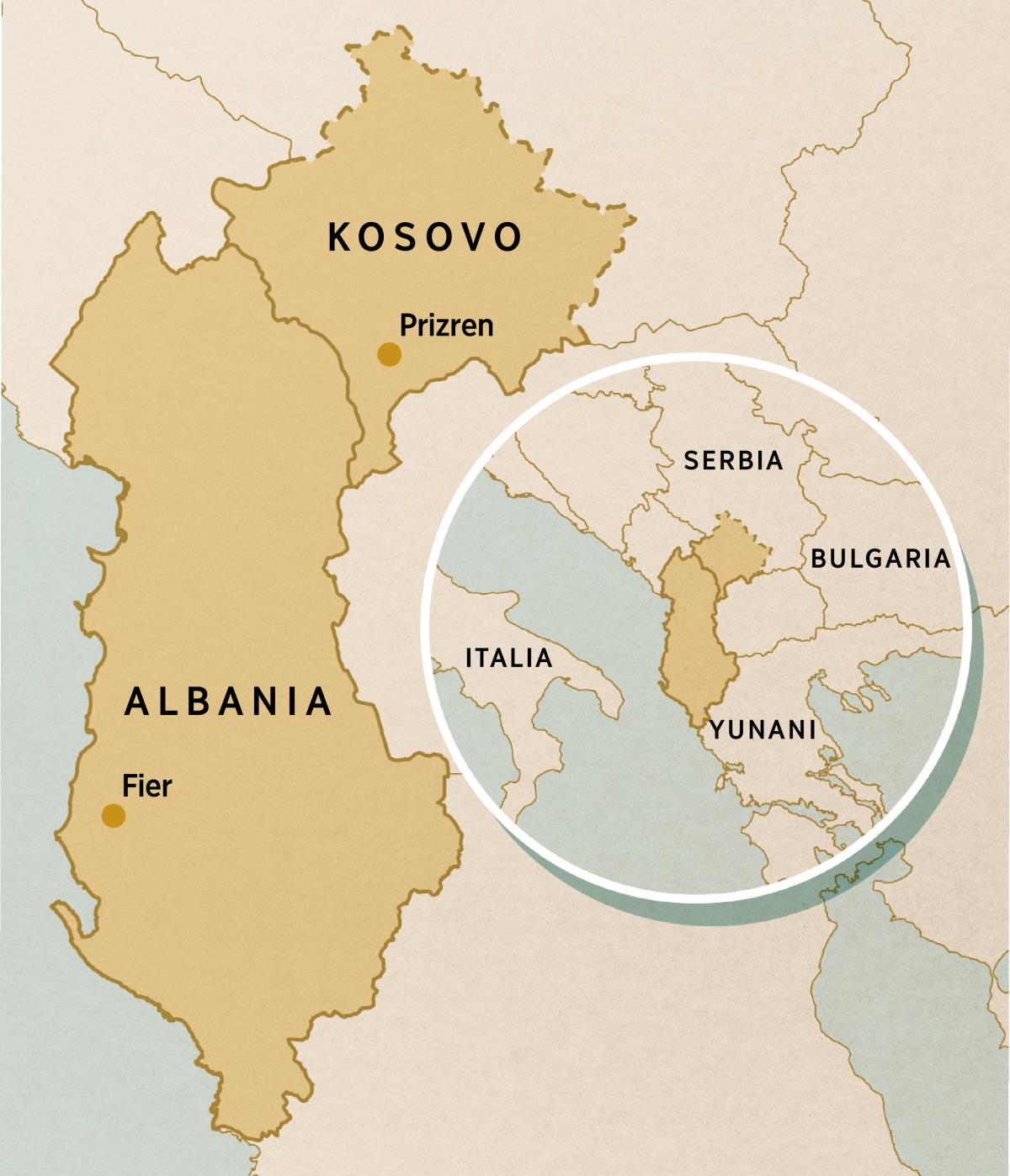 Péta Kosovo (titiké kuwi lokasiné Prizren) lan Albania (titiké kuwi lokasiné Fier). Ana péta negara-negara sekitaré, yaiku Italia, Serbia, Bulgaria, lan Yunani.