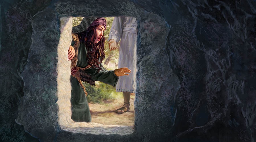 Maria Magdaléna lagi ndelok kuburané Yésus sing kosong. Ana wong lanang sing ngadeg ing mburiné.