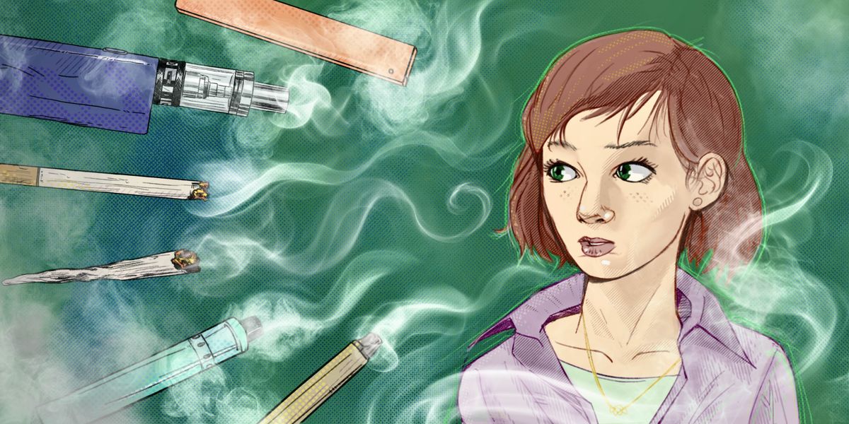 Cah wédok sing kétok kuwatir. Ing sampingé ana macem-macem rokok lan vape sing ngetokké asap.