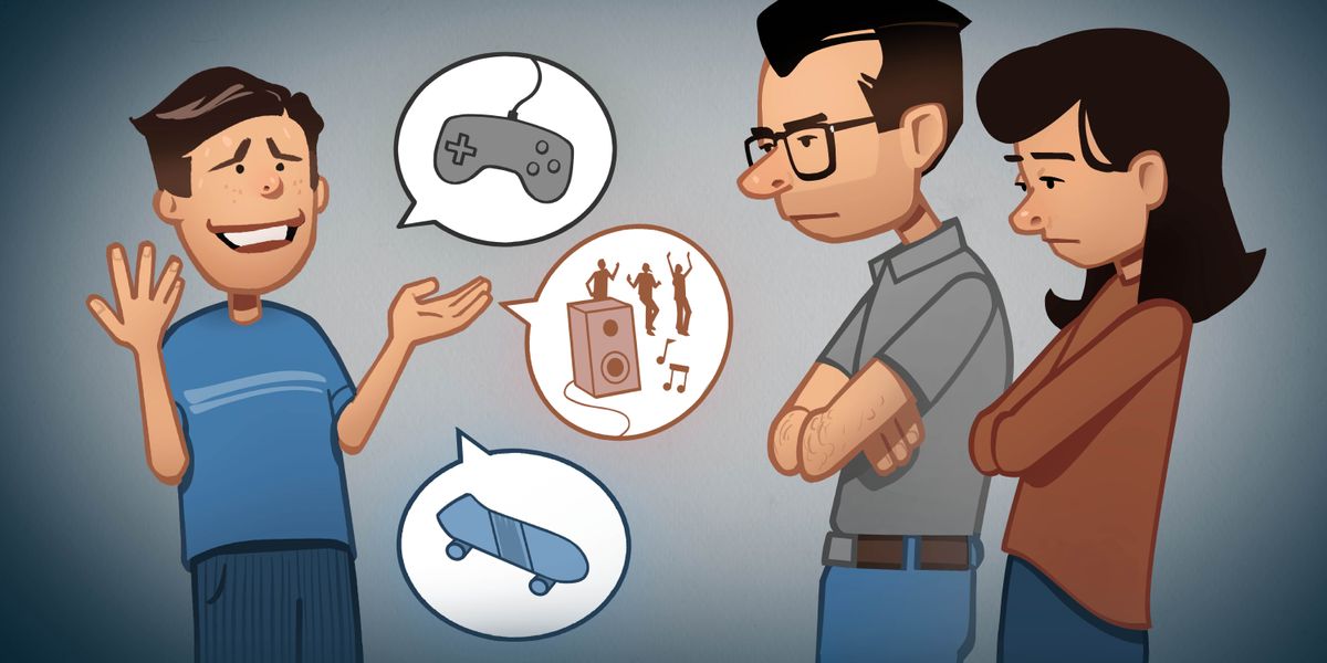 Cah lanang lagi ngomong karo wong tuwané. Dhèwèké ngomongké soal video game, kumpul-kumpul karo kancané, lan dolanan skateboard. Wong tuwané kétok ora seneng.
