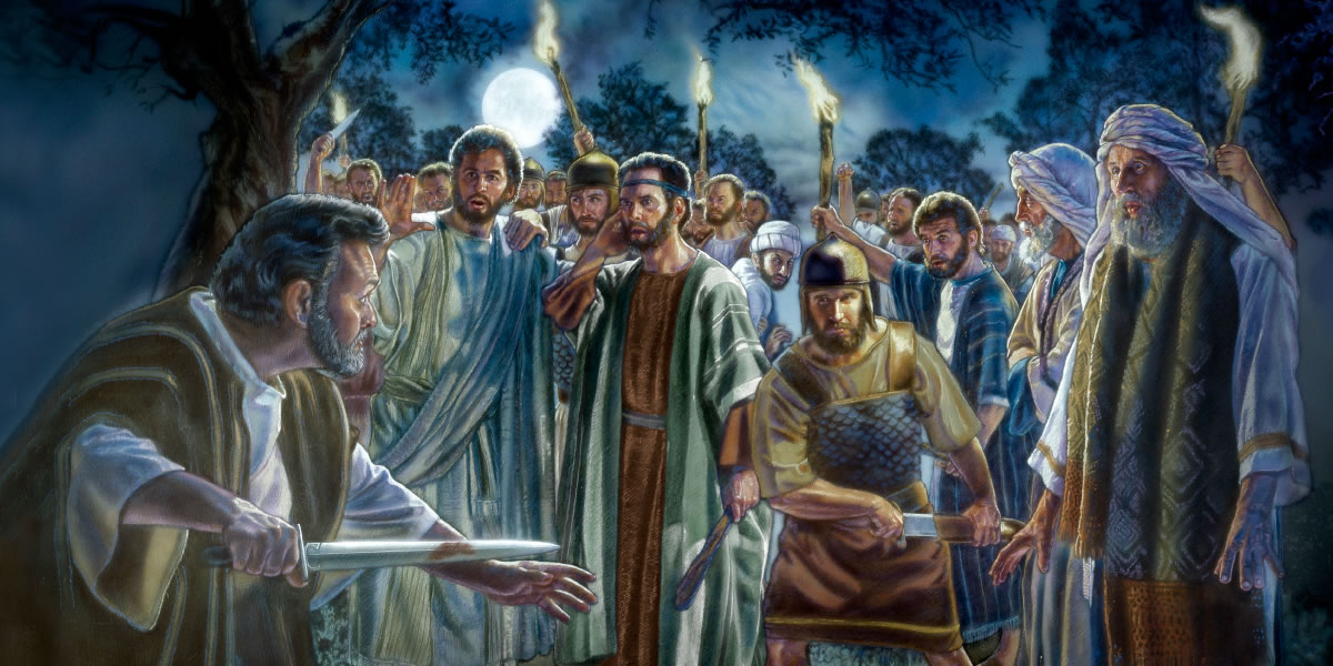 Yésus nyenèni Pétrus wektu nyabet kupingé Malkhus; para prajurit siap nangkep Yésus