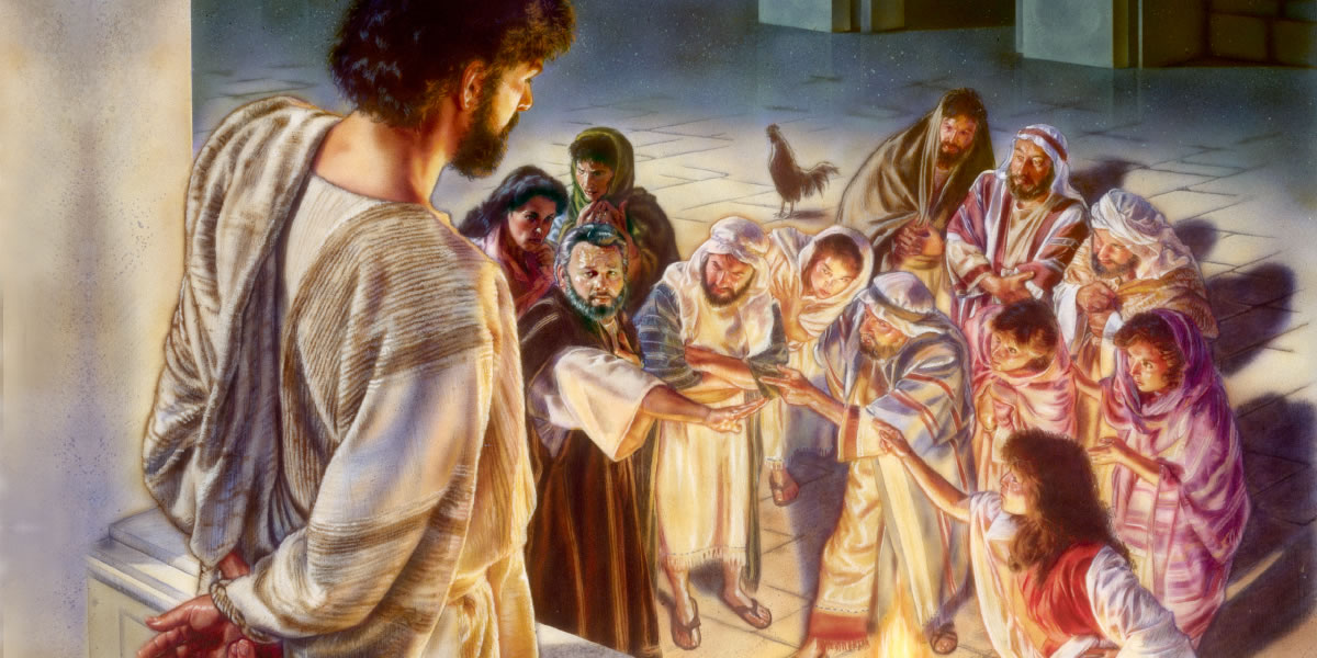 Saka balkon, Yésus mandeng Pétrus sing lagi waé ora ngakoni Yésus; ana pitik jago ing mburiné