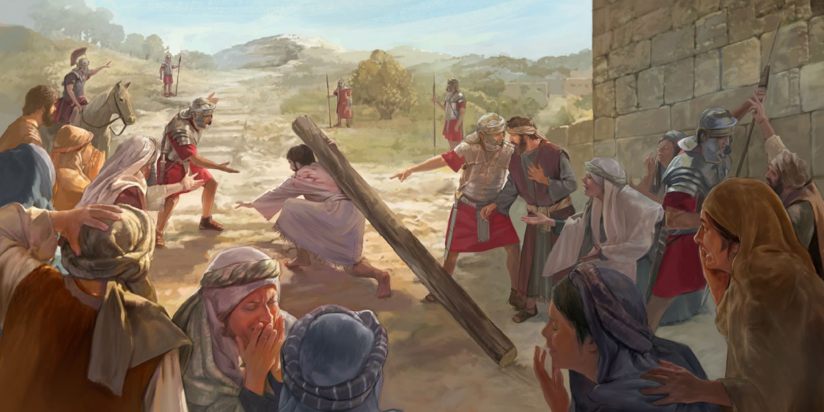 Yésus kabotan manggul cagak paukumané, lan para prajurit meksa Simon saka Kiréné kanggo manggul cagak kuwi