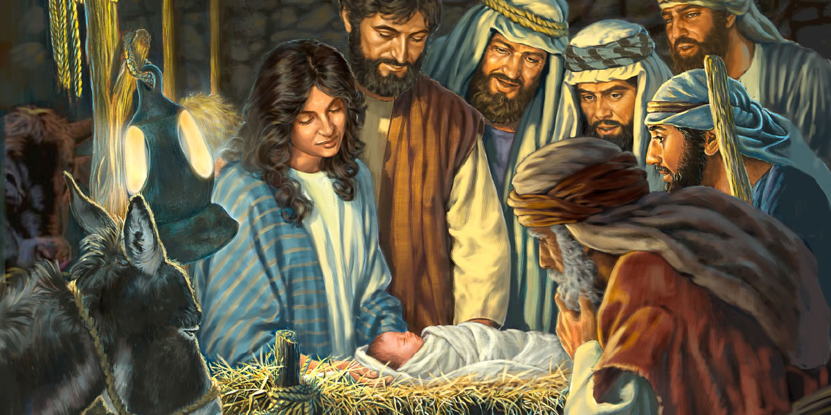 Maria, Yusuf, lan para pangon ndelok Yésus sing isih bayi ing wadhah pakan kéwan