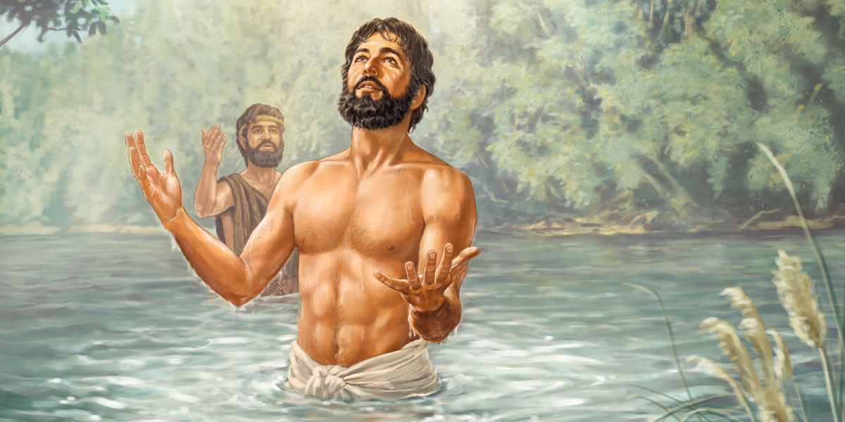Yésus mentas saka banyu sakwisé dibaptis Yohanes Pembaptis