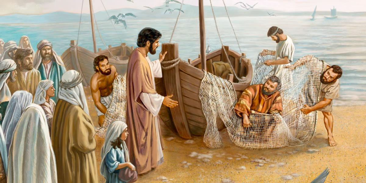 ésus omongan karo Pétrus, Andréas, Yakobus, lan Yohanes ing pantai Laut Galiléa