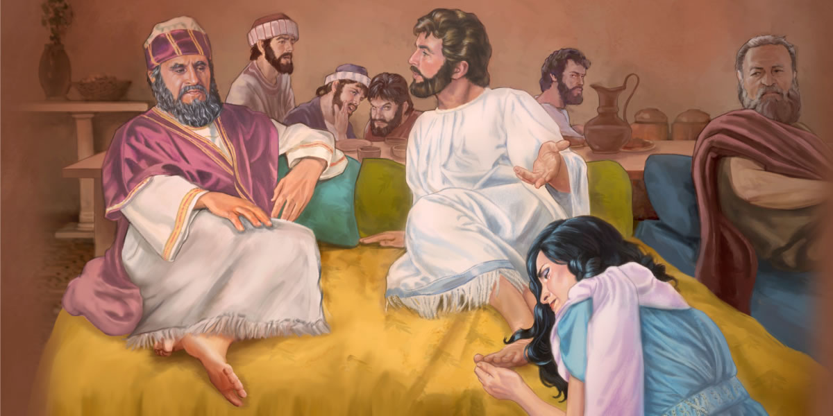 Yésus lungguh bareng karo tamu-tamu liyané, lan ana wong wadon sing ngambungi sikilé Yésus