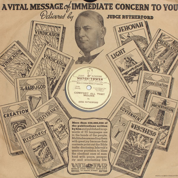 Bagéan ngarep rekaman fonograf sing isiné ceramah Alkitab Sedulur J. F. Rutherford