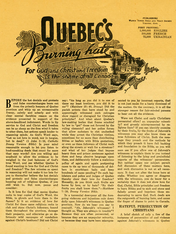 Bagéan ngarep selebaran Quebec sing Sengit marang Allah, Kristus, lan Kebébasan Ngisin-isinké Negara Kanada