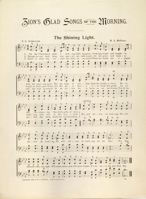 Lembar nyanyian kanggo lagu The Shining Light, from Zion’s Glad Songs of the Morning taun 1896