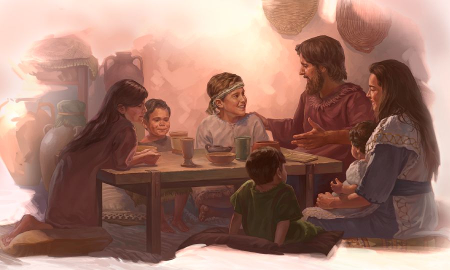 Yusuf lan Maria lungguh bareng karo Yésus lan anak-anaké sing liyané