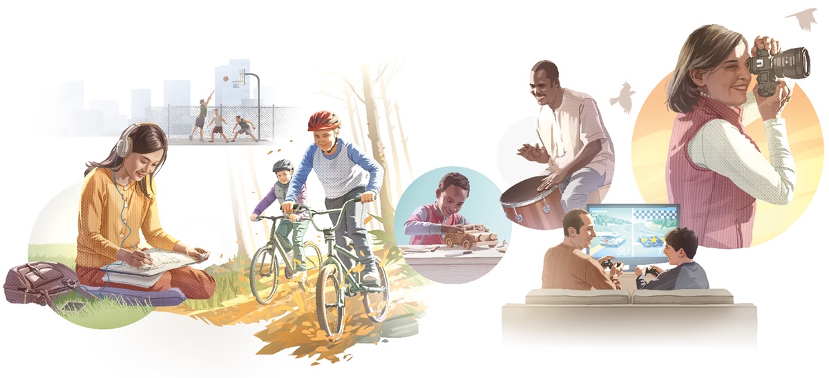 Gambar: Wong-wong lagi menikmati hiburan. 1. Cah wédok lagi ngrungokké musik karo nggambar. 2. Cah lanang-lanang main baskèt. 3. Cah lanang sepédaan. 4. Cah cilik dolanan mobil-mobilan saka kayu. 5. Wong lanang main alat musik. 6. Cah lanang main game karo bapaké. 7. Wong wédok lagi motrèt.