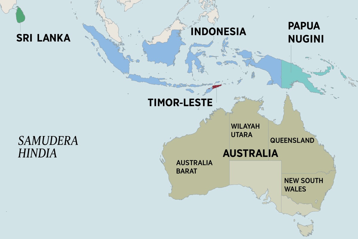 Péta Australia lan negara ing sekitaré, termasuk Sri Lanka, Indonesia, Papua Nugini, lan Timor-Leste. Péta Australia lan pembagian dhaérahé.