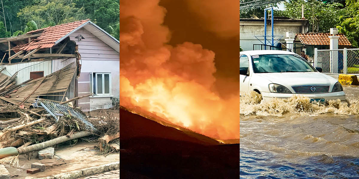 Gambar: Bencana alam. 1. Omah hancur, wit ambruk. 2. Kebakaran hutan. 3. Mobil kleleb banjir.