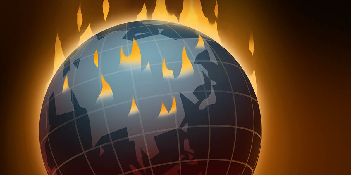 Gambar bumi lagi kobongan, maksudé pemanasan global.