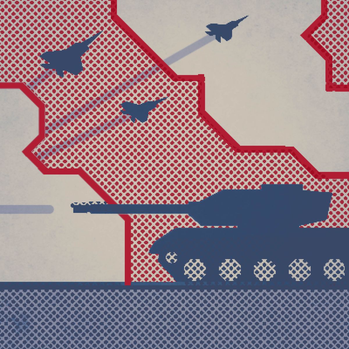 Ilustrasi péta, tank, lan pesawat tempur.