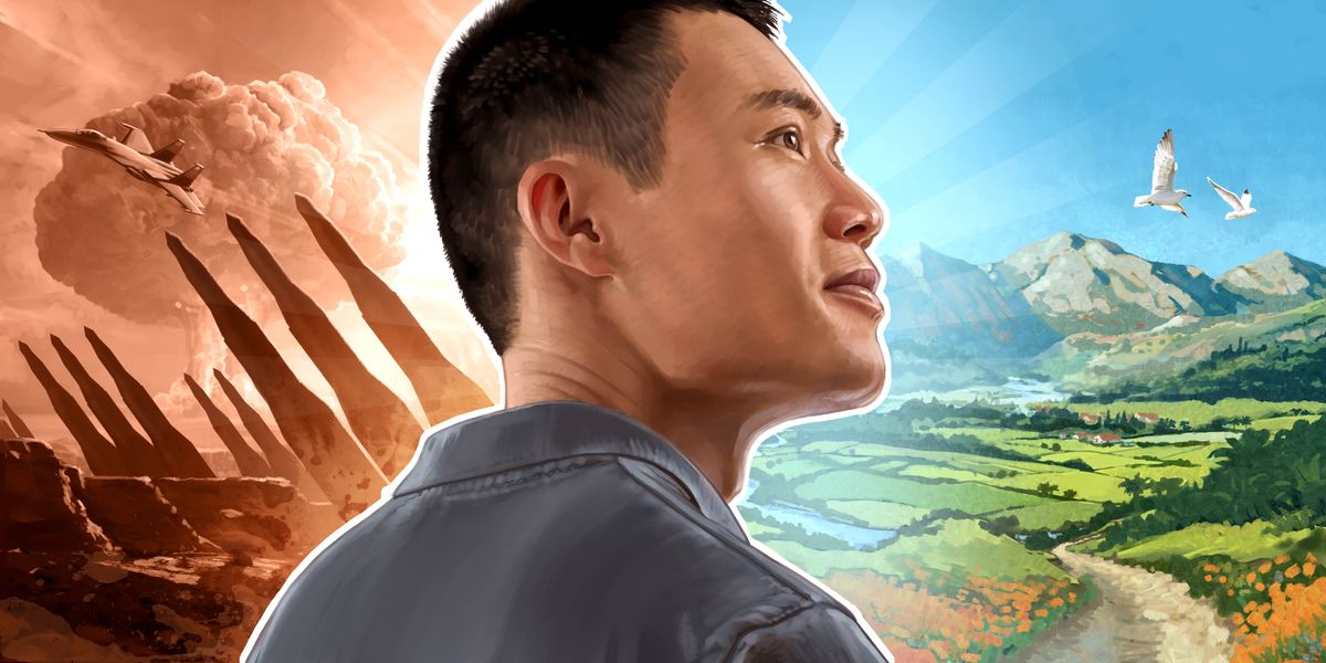 Gambar: Wong lanang sing lagi mbayangké keadaan ing masa depan. 1. Ing sisih kiwa ana perang, pesawat tempur, bom nuklir, lan asap ledakan nuklir. 2. Ing sisih tengen ana bumi sing resik lan indah. Ana pemandangan gunung, bukit-bukit, kali, lan manuk-manuk.