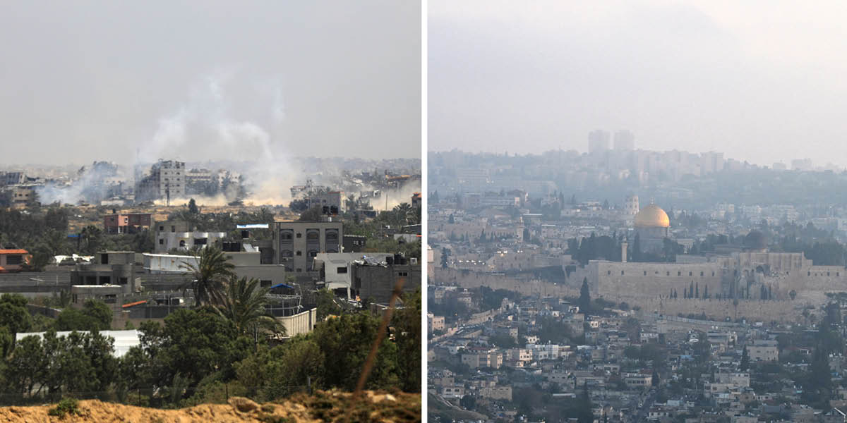 Gambar: Dhaérah sing kena dampak perang ing Timur Tengah. 1. Pengeboman ing Jalur Gaza. 2. Dhaérah Yerusalem sakwisé serangan rudal.
