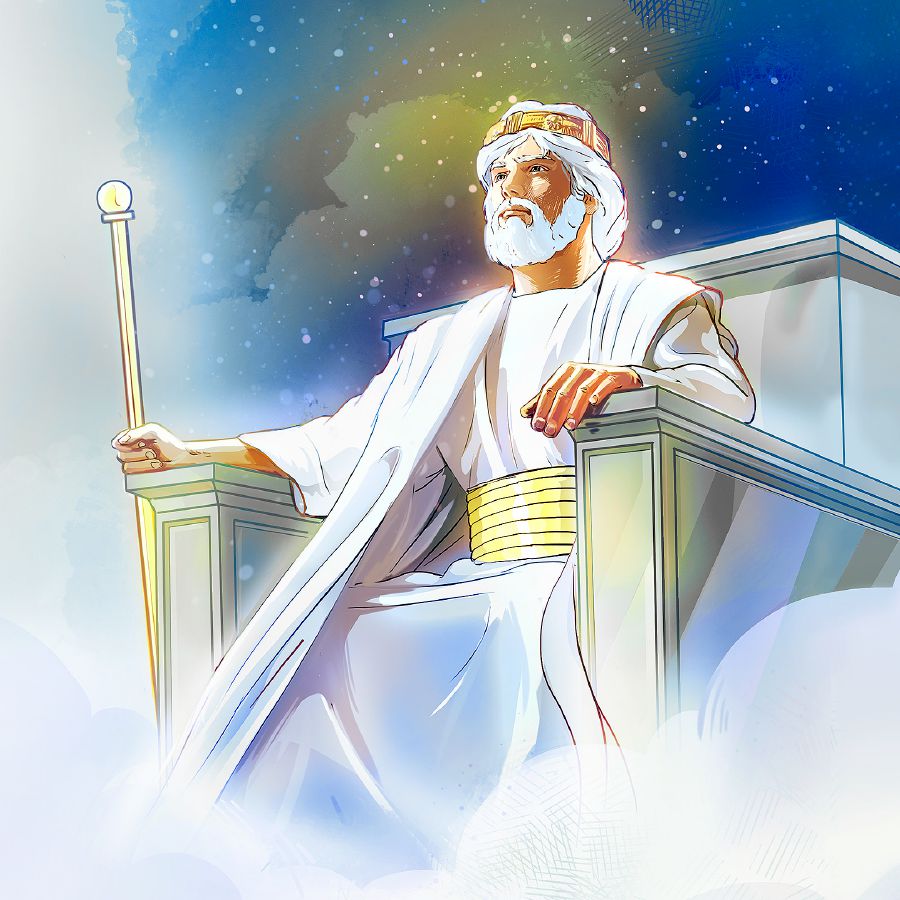 Yésus Kristus, sing dadi Raja Kratoning Gusti Allah lungguh ing dhampar kraton lan nggawa tongkat