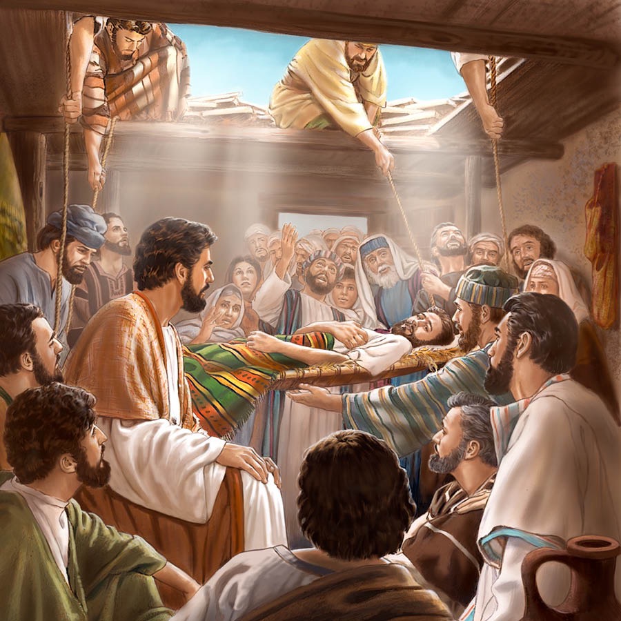 Wong lumpuh diedhunké ing ngarepé Yésus liwat atap sing dibobol