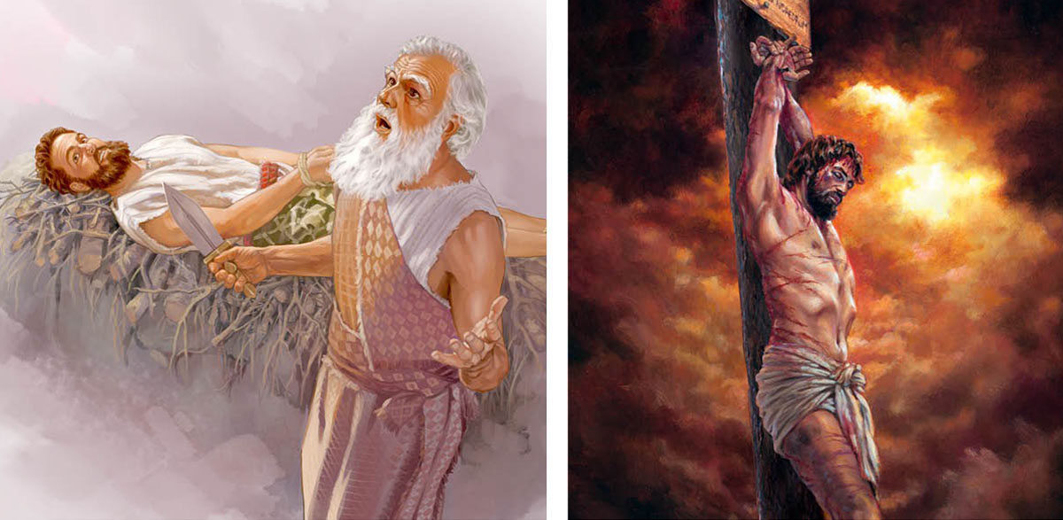 Gambar: 1. Abraham nyekel pisau karo ndelok langit lan Ishak ana ing ndhuwur mésbah. 2. Yésus ing cagak paukuman.