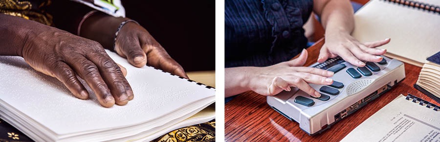 Gambar: 1. Sedulur wédok maca publikasi braille. 2. Sedulur wédok nggunakké alat pencatat braille.