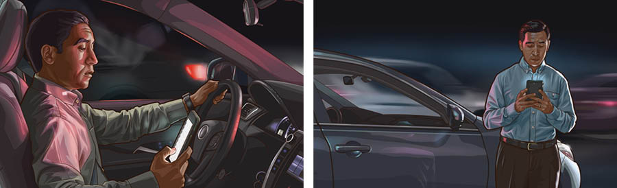 Gambar: 1. Sedulur lanang lagi nyetir mobil karo dolanan HP. 2. Sedulur lanang lagi ngadeg ing sebelahé mobil karo mbukak HP.