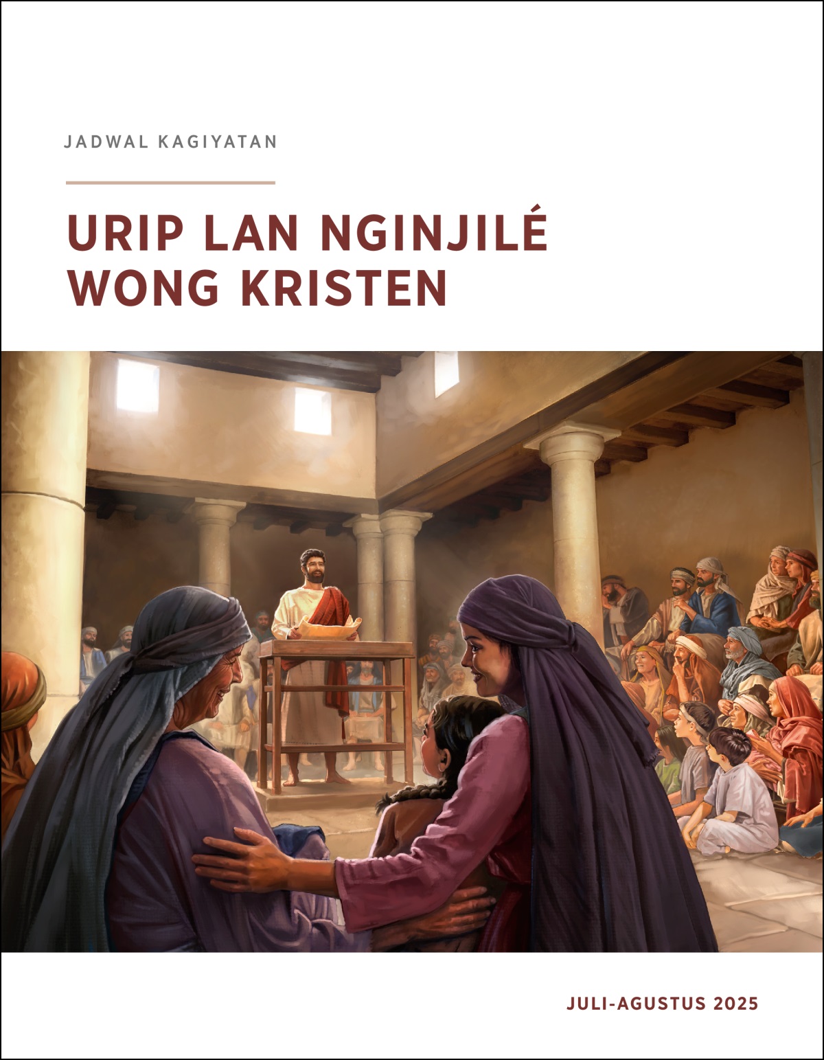 Yésus lagi mulang ing sinagogé lan nyekel gulungan. Wong lanang, wong wédok, lan anak-anak ngrungokké Yésus.