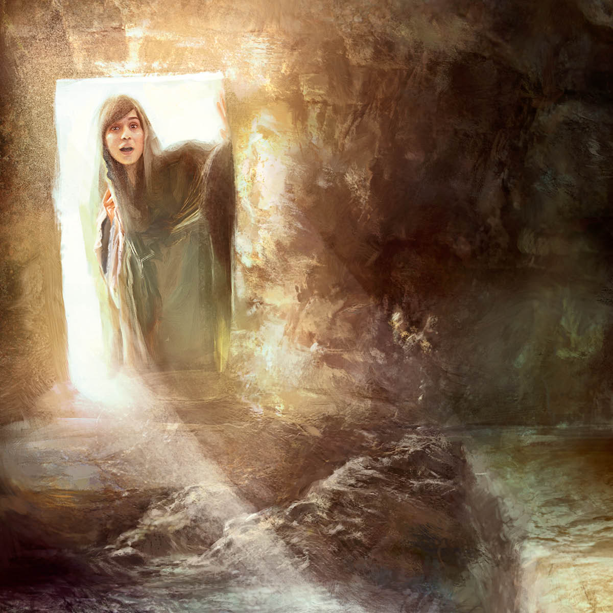 Maria Magdaléna ndelok kuburané Yésus sing wis kosong.