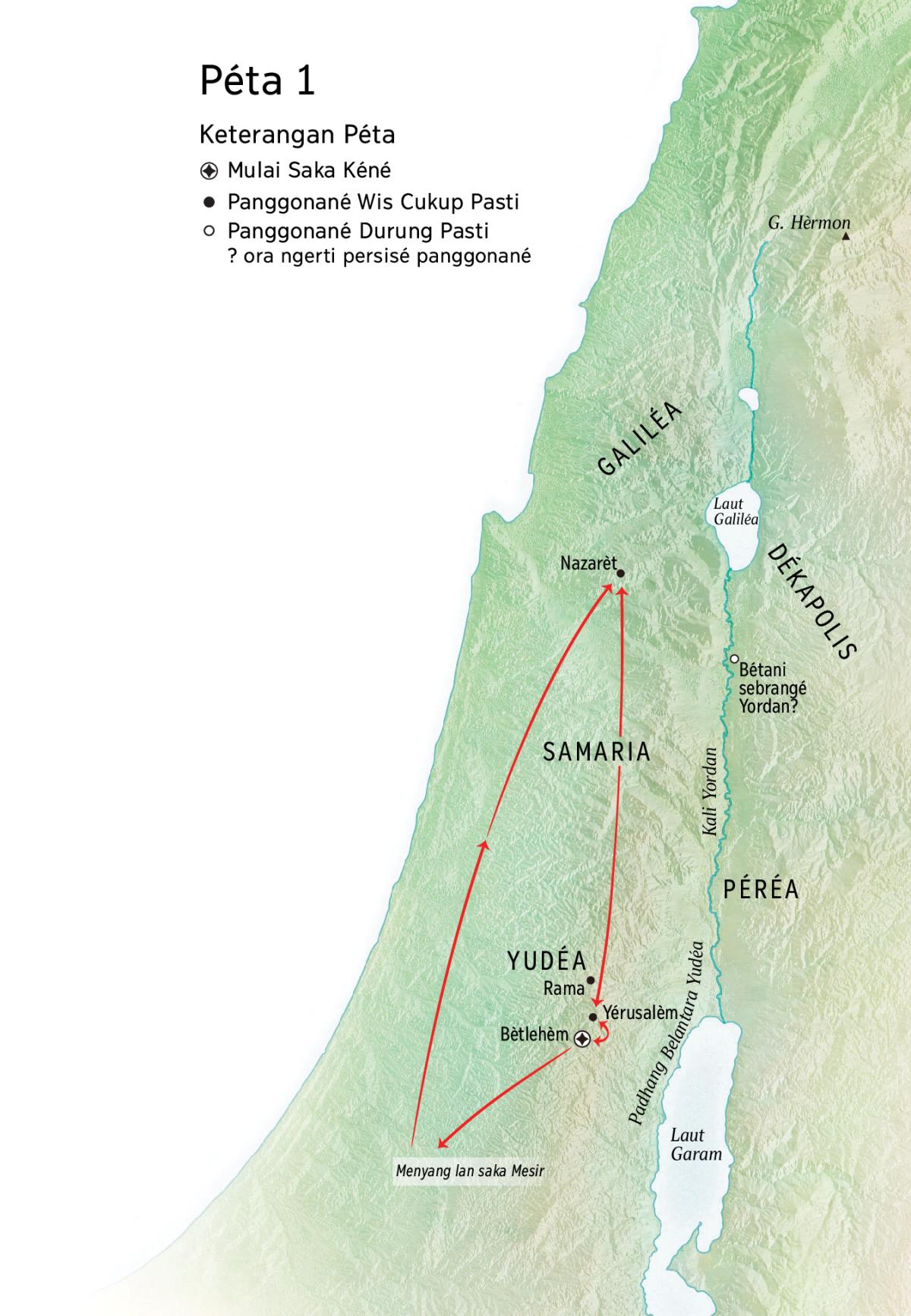Map of locations related to Jesus’ life: Bethlehem, Nazareth, Jerusalem