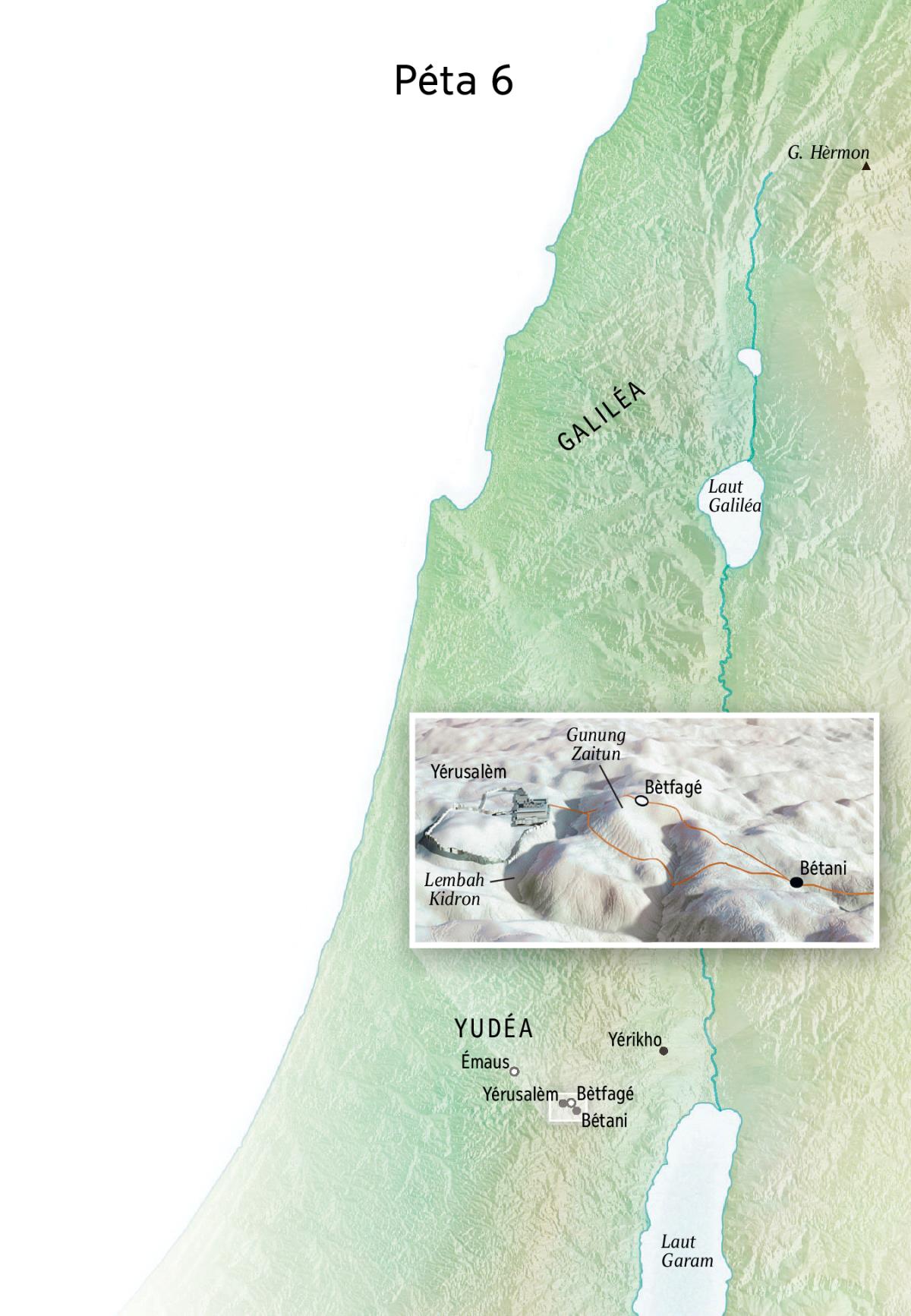 Péta dhaérah pas pelayanané Yésus ing bumi, misalé Yérusalèm, Bétani, Bètfagé, lan Gunung Zaitun