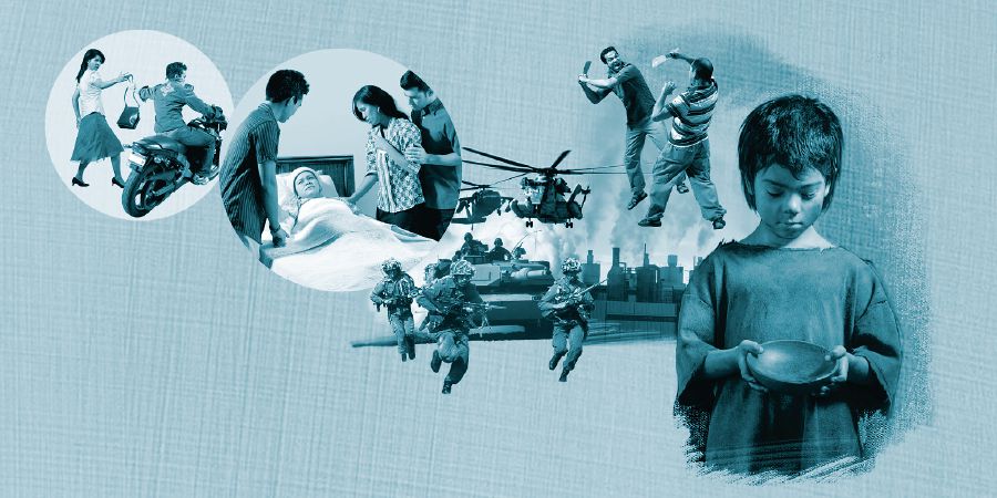 Masalah ing jaman saiki klebu kejahatan, penyakit, perang, lan kurang pangan