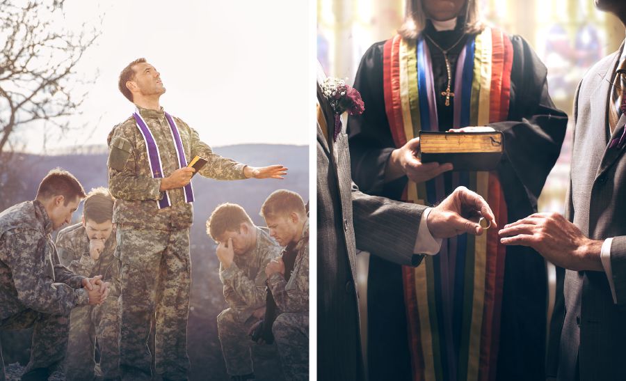 Gambar: Tumindak bejaté gréja-gréja sing ngaku Kristen. 1. Pemimpin agama sing nggawa Alkitab lan ndongakké tentara bèn menang perang. 2. Pemimpin agama sing nggawa Alkitab lan ngesahké pernikahané wong lanang loro.