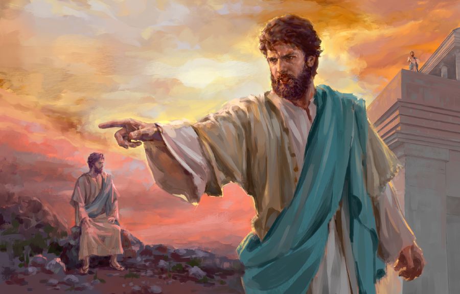 Gambar: Yésus nolak godhaan. 1. Ing Padhang Belantara Yudéa, Yésus lungguh ing watu lan mikirké apa sing diwulangké Yéhuwah marang dhèwèké. 2. Yésus ngadeg ing bagéan sing paling dhuwur ing bait. 3. Yésus kandha, ”Lungaa, Sétan!”
