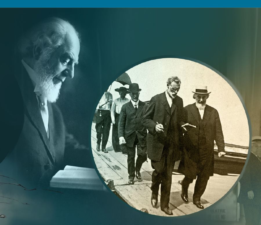 Gambar: 1. Charles T. Russell maca Alkitab. 2. Charles T. Russell karo kanca-kancané.