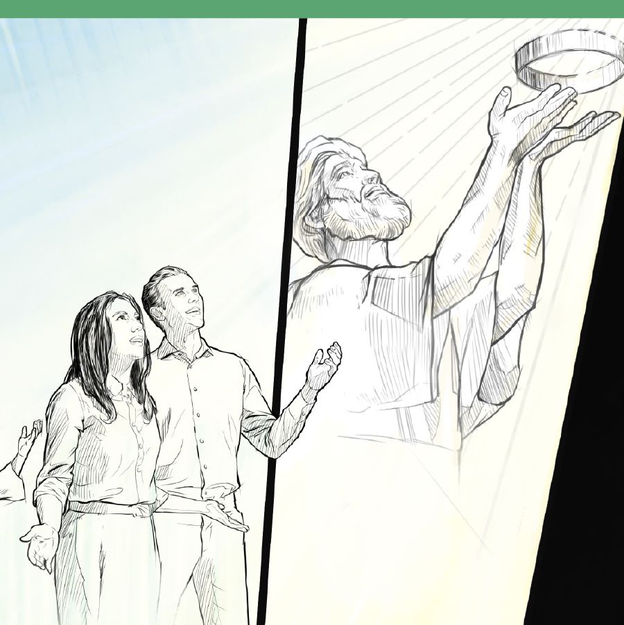 Gambar: Peristiwa-peristiwa pas Pamréntahan Sèwu Taun rampung. 1. Wong-wong sing wis sampurna ndhangak ndelok langit. 2. Yésus nyerahké mahkotané marang Yéhuwah.