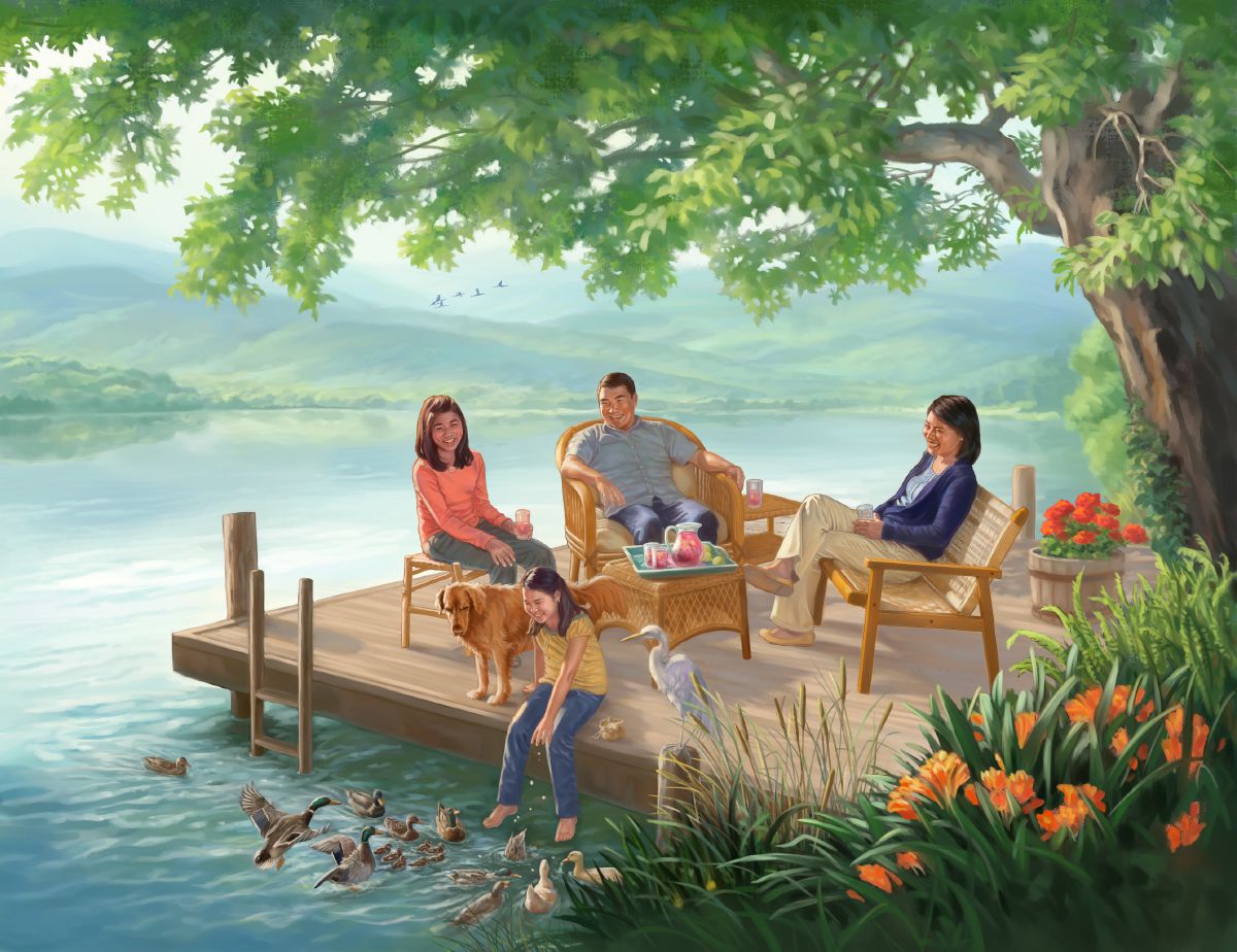 Ana keluarga sing lagi santai-santai ing pinggir danau ing Firdaus.