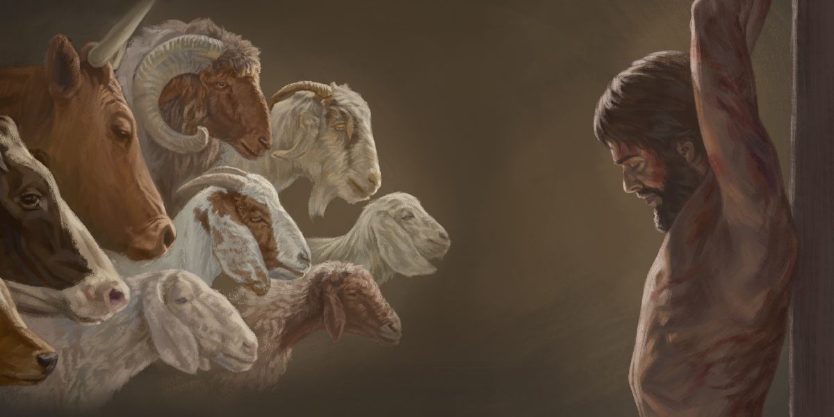 Gambar: 1. Kéwan-kéwan sing arep dikorbanké ing bait. 2. Yésus digantung ing cagak hukuman.