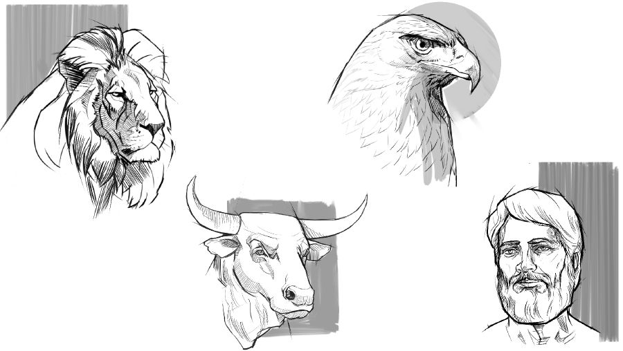 Singa, sapi lanang, elang, lan manungsa.