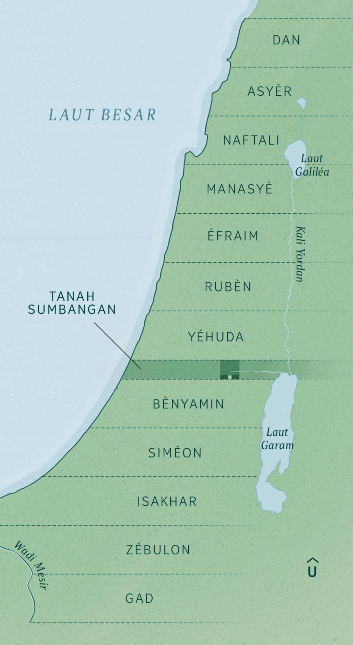 Péta tanah sing dibagi-bagi kanggo wong Yahudi sing dibébaské saka penawanan, sing batas-batasé dijelaské ing buku Yèhèzkièl. Sing paling lor tanahé suku Dan, terus Asyèr, Naftali, Manasyé, Éfraim, Rubèn, Yéhuda, tanah sumbangan, Bènyamin, Siméon, Isakhar, Zébulon, lan sing paling kidul Gad.