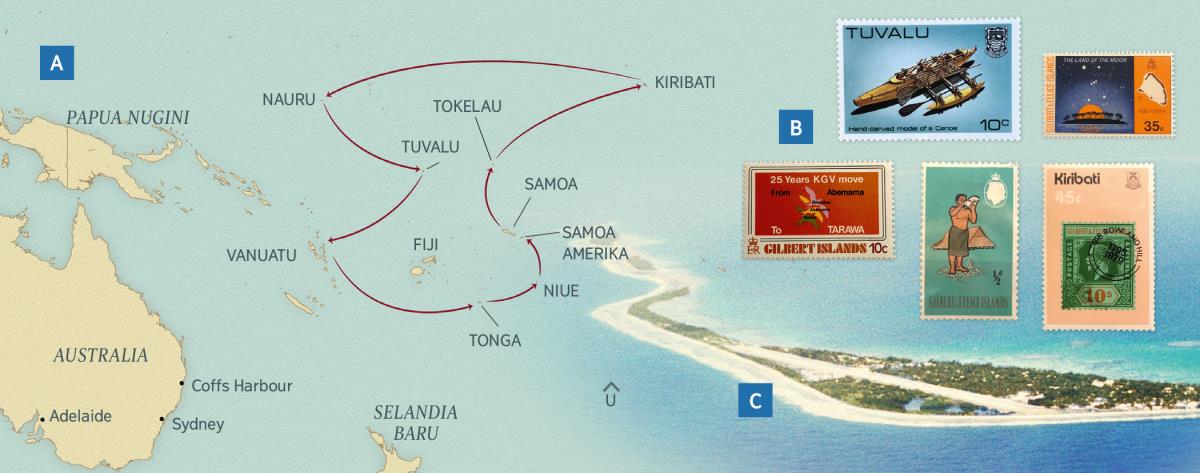 Péta sing nduduhké perjalanané Winston wektu dadi pinituwa wilayah; prangko saka pulau-pulau ing kono; pulau Funafuti ing Tuvalu
