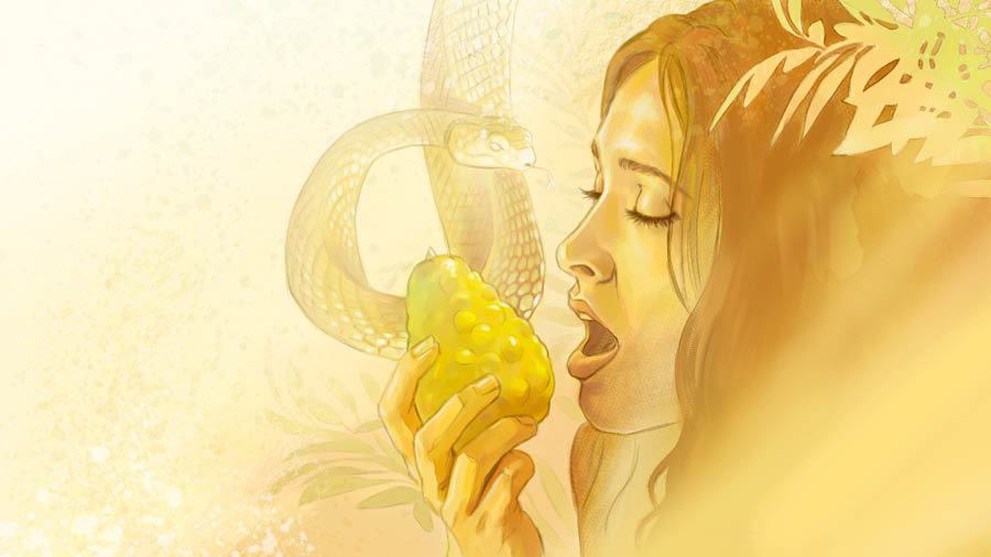 Ula lagi ndeloki Hawa sing mèh mangan buah sing ora éntuk dipangan.