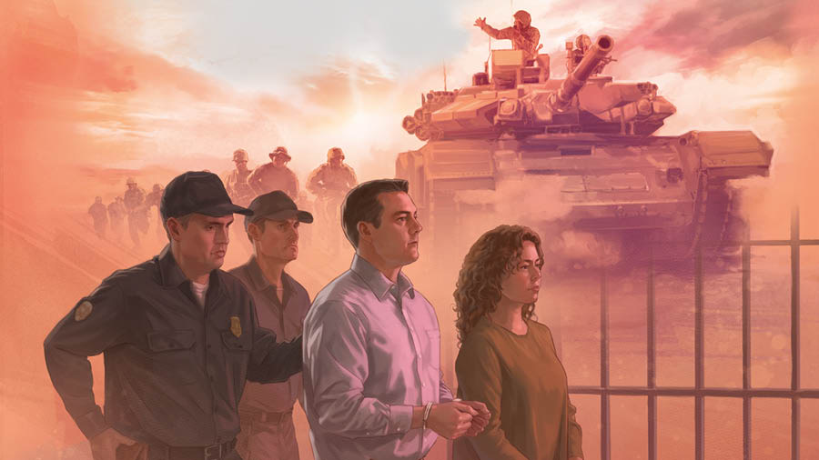 Collage: Examples of oppression. 1. A soldier rides on a military tank as other soldiers follow on foot. 2. Police officers escort a Witness couple in handcuffs.