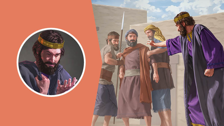 Gambar: 1. Raja Ahab ngrendhahké dhiri. 2. Bar kuwi, dhèwèké nesu lan mréntahké bèn Nabi Mikaya dipenjara.