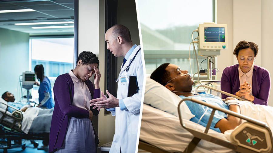Gambar: 1. Sedulur wédok sing lagi sedhih banget wektu dokter njelaské penyakité bojoné. 2. Sedulur wédok kuwi ndonga ing sebelahé bojoné sing lagi dirawat.