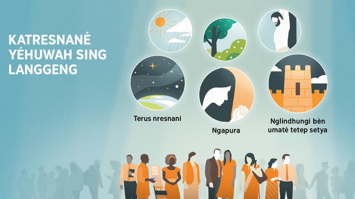 Wong-wong sing nglayani Yéhuwah. Gambar: Bukti katresnané Yéhuwah sing langgeng. 1. Bumi lan bintang-bintang nggambarké nèk Yéhuwah terus nresnani umaté. 2. Sedulur wédok sing lagi ndonga nggambarké nèk Yéhuwah gelem ngapura. 3. Témbok sing nglindhungi kutha nggambarké nèk Yéhuwah bakal nglindhungi bèn umaté tetep setya. Ing mburiné, ana bukti katresnané Yéhuwah kanggo kabèh wong. 4. Matahari lan udan. 5. Tanduran lan kembang-kembang. 6. Tebusané Yésus.